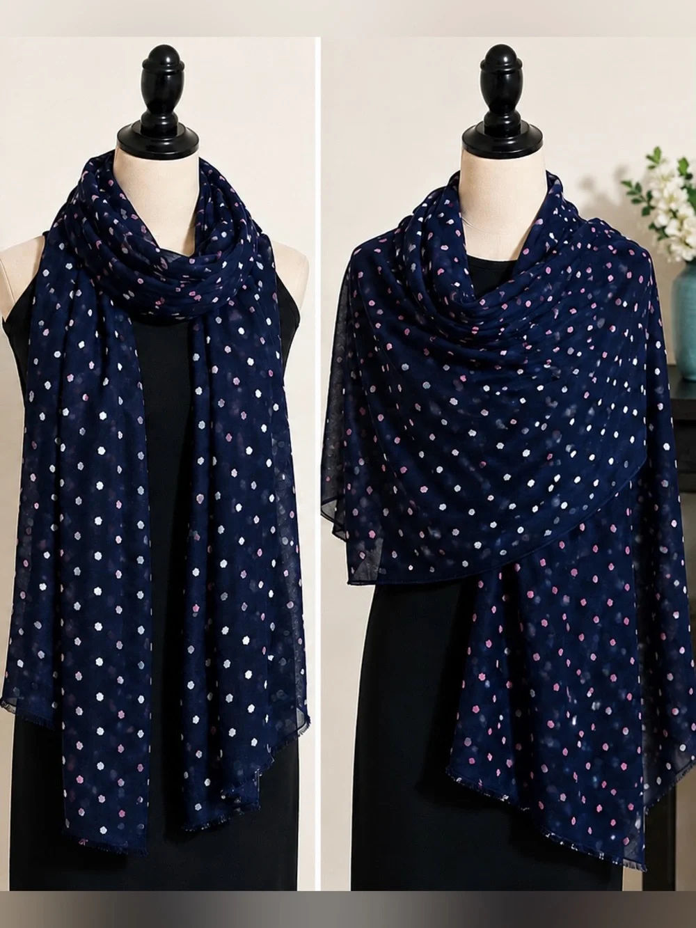 Flocked Polka Dot Sheer Fringe Stole 27x70 Navy Pink White 27x70 Boho Chic